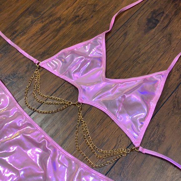 Pink Holographic Chain Decor Rave Bikini Set - Picture 3 of 7